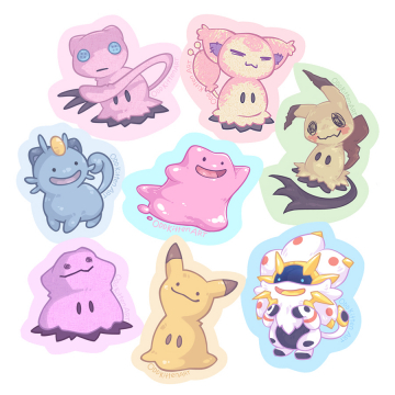 Ditto and Mimikyu copying cat Pokemon - and each other.
