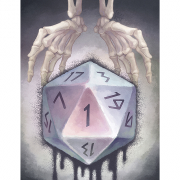 Skeletal hands holding a d20 die showing the number 1.
