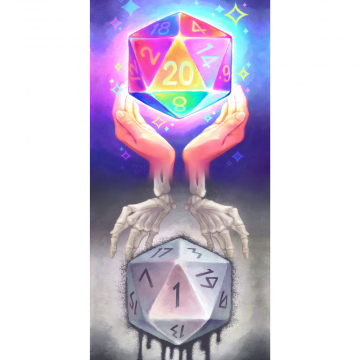Two dice being held by hands - skeletal below. Top die shows 20, bottom shows 1.
